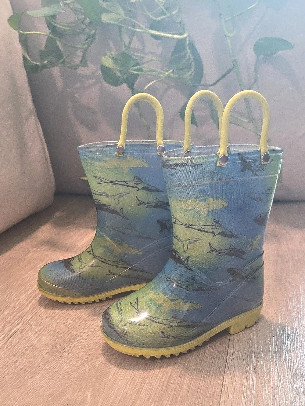 Western Chief Kids Shark Print Rain Boots with Handles Blue & Green